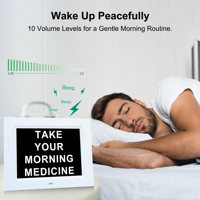 TMC 8 Inch Digital Dementia Clock for Seniors, Large Calendar with Day Date & Week Display, 5 Alarms + 3 Medicine Reminders, Plays SD Card Video, Wall Mountable, Detachable Stand (White, SD) - Image 5